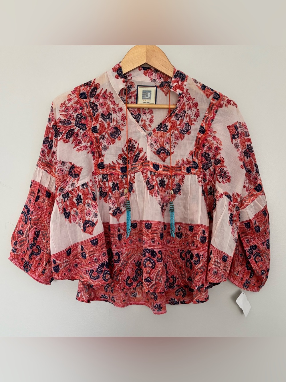 NEW BELL BY ALICIA BELL Stella Top in Red and Blue Paisley Print Shell Tassel XS